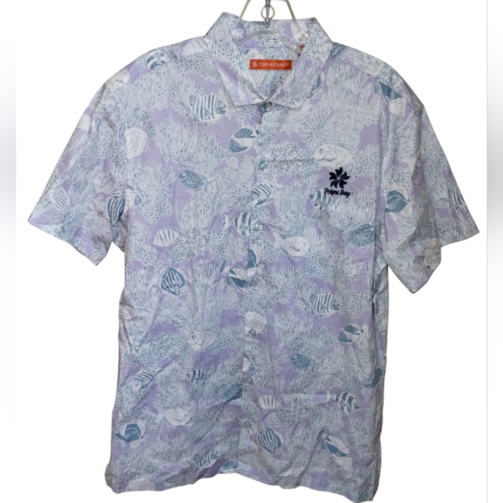 Tori Richard Hawaiian Shirt M 56 Popui Bay S/S Aqua Culture Print Cotton USA